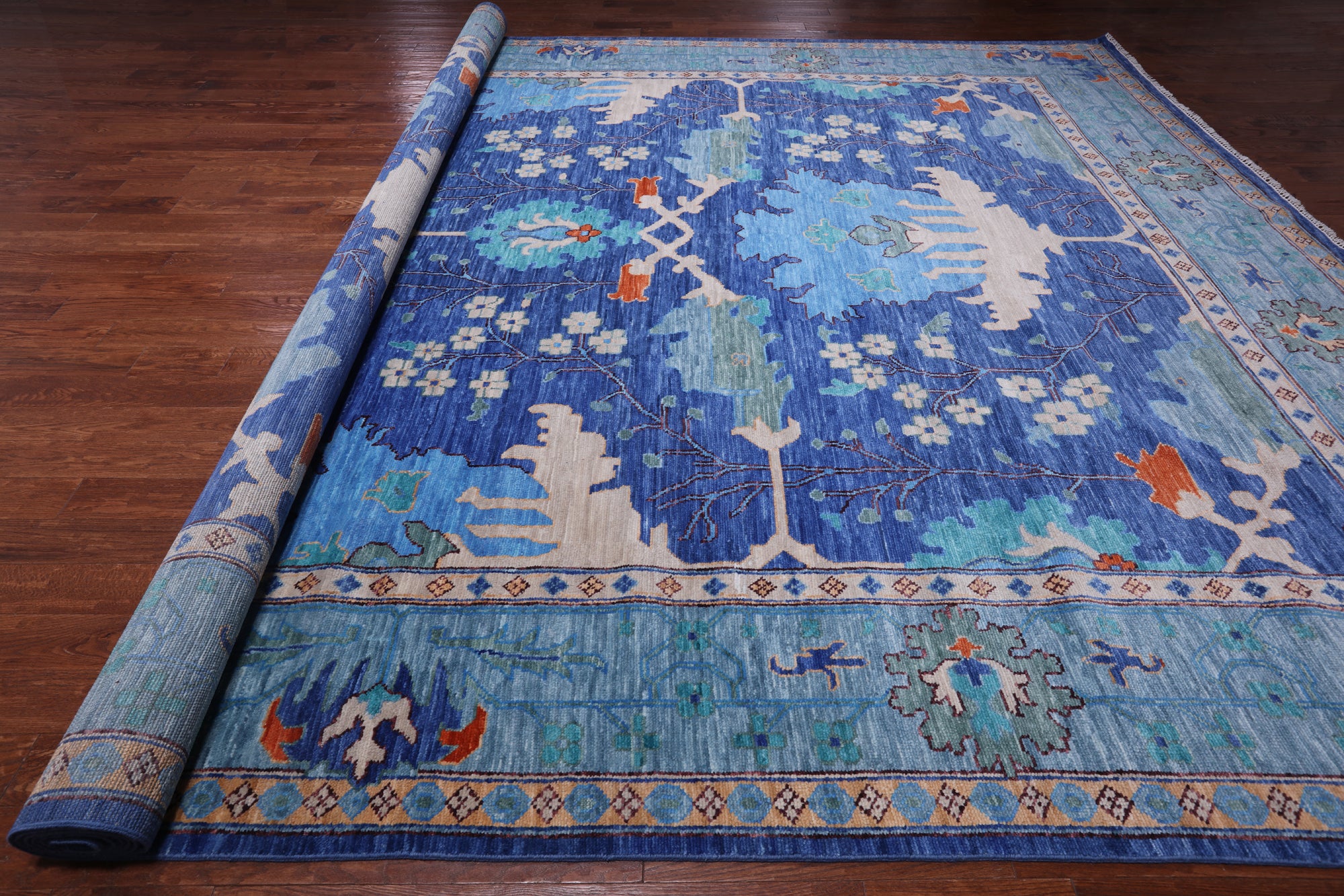 Blue Turkish Oushak Handmade Wool Rug - 13' 2" X 17' 3"