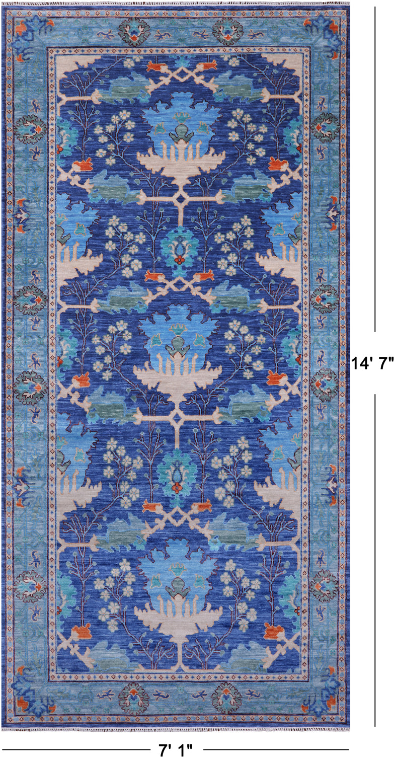 Blue Turkish Oushak Hand Knotted Wool Rug - 7' 1" X 14' 7"