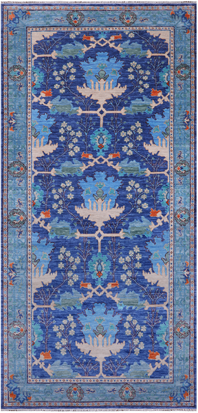 Blue Turkish Oushak Hand Knotted Wool Rug - 7' 1" X 14' 7"