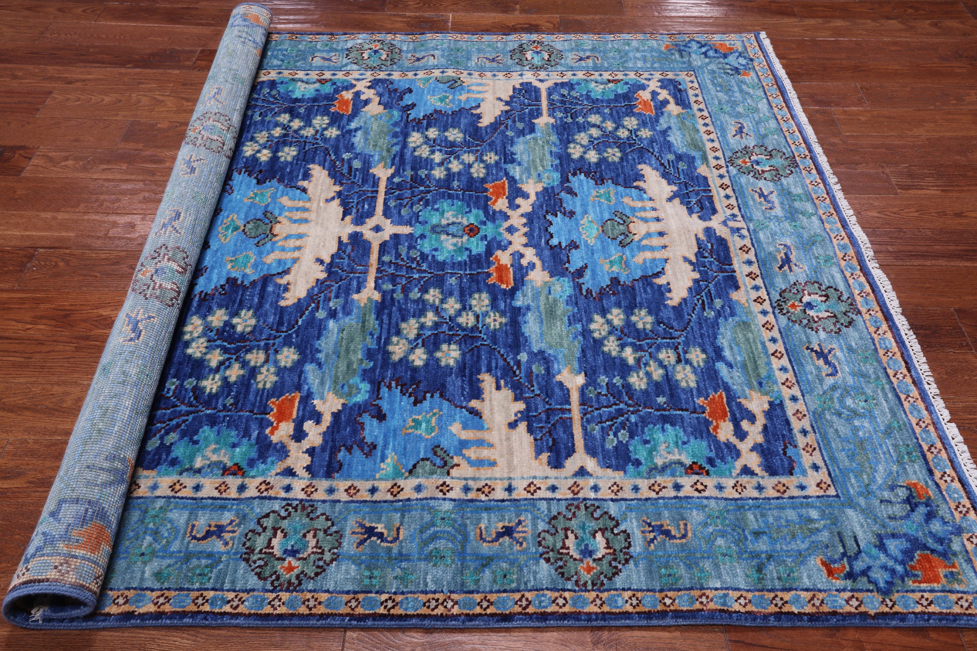 Blue Square Turkish Oushak Hand Knotted Wool Rug - 6' 0" X 6' 0"