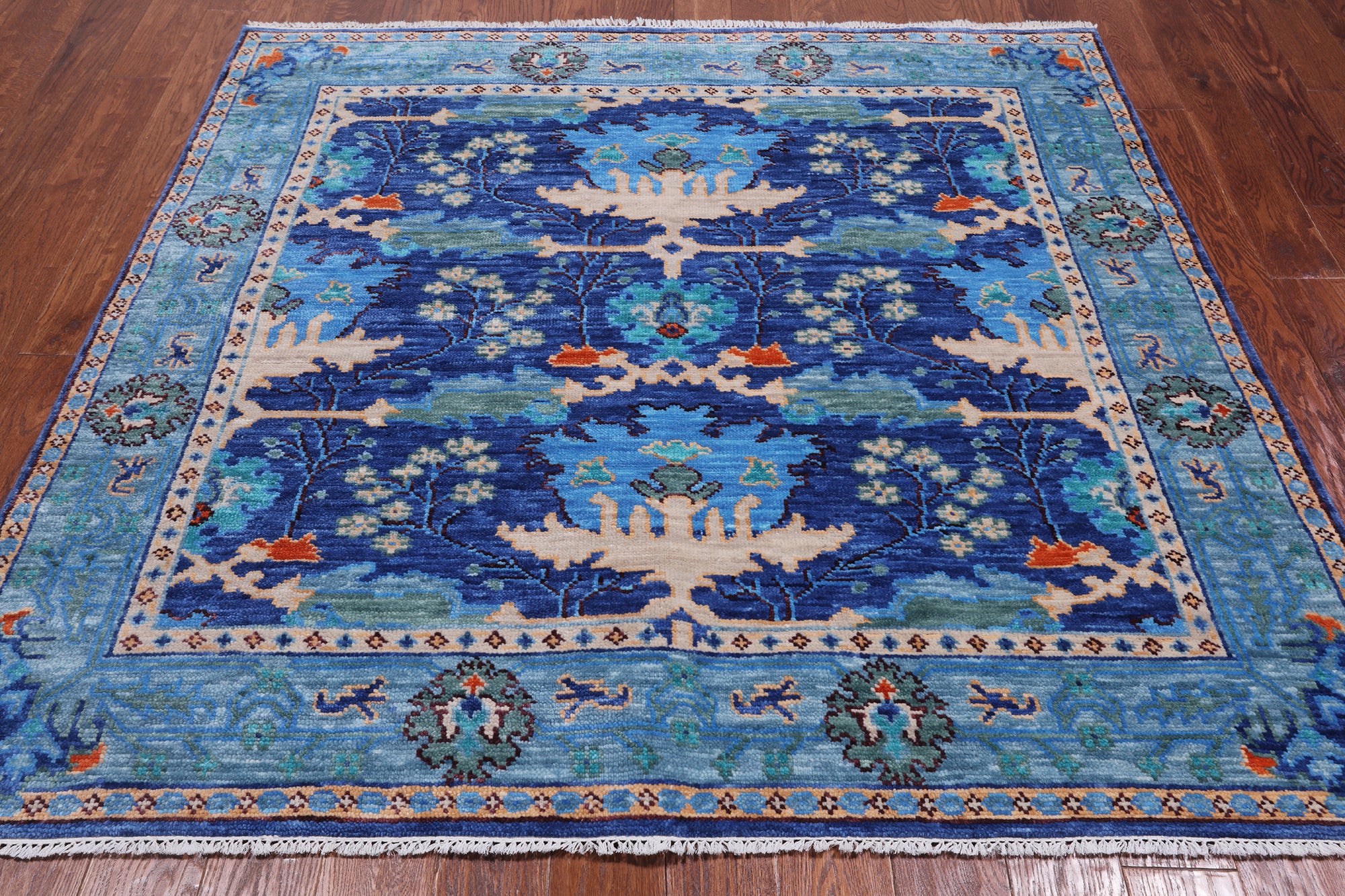 Blue Square Turkish Oushak Hand Knotted Wool Rug - 6' 0" X 6' 0"