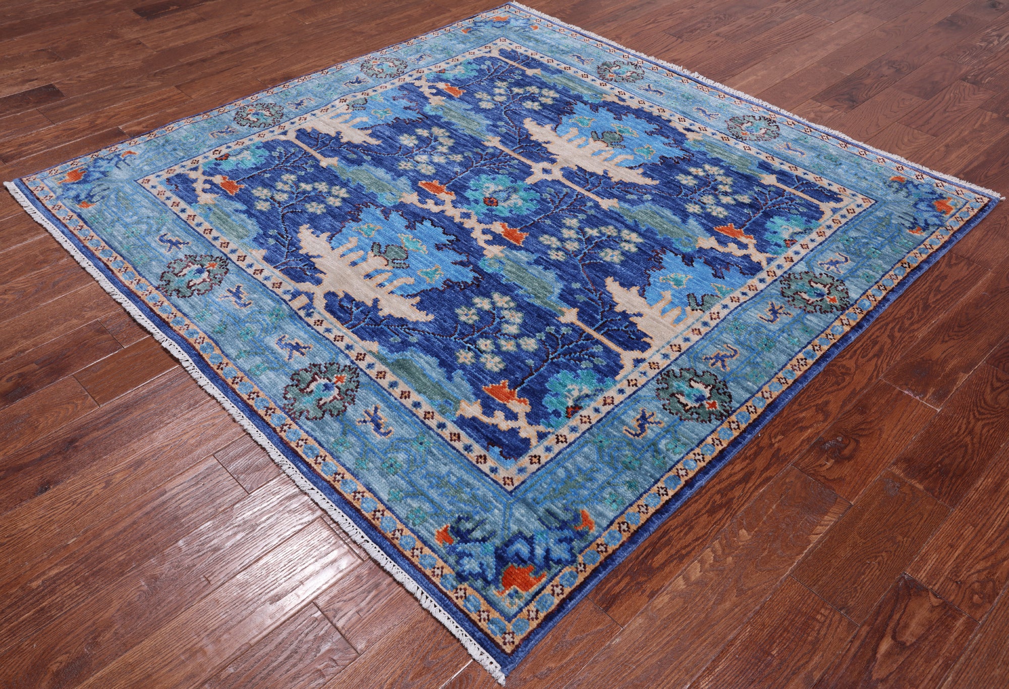 Blue Square Turkish Oushak Hand Knotted Wool Rug - 6' 0" X 6' 0"
