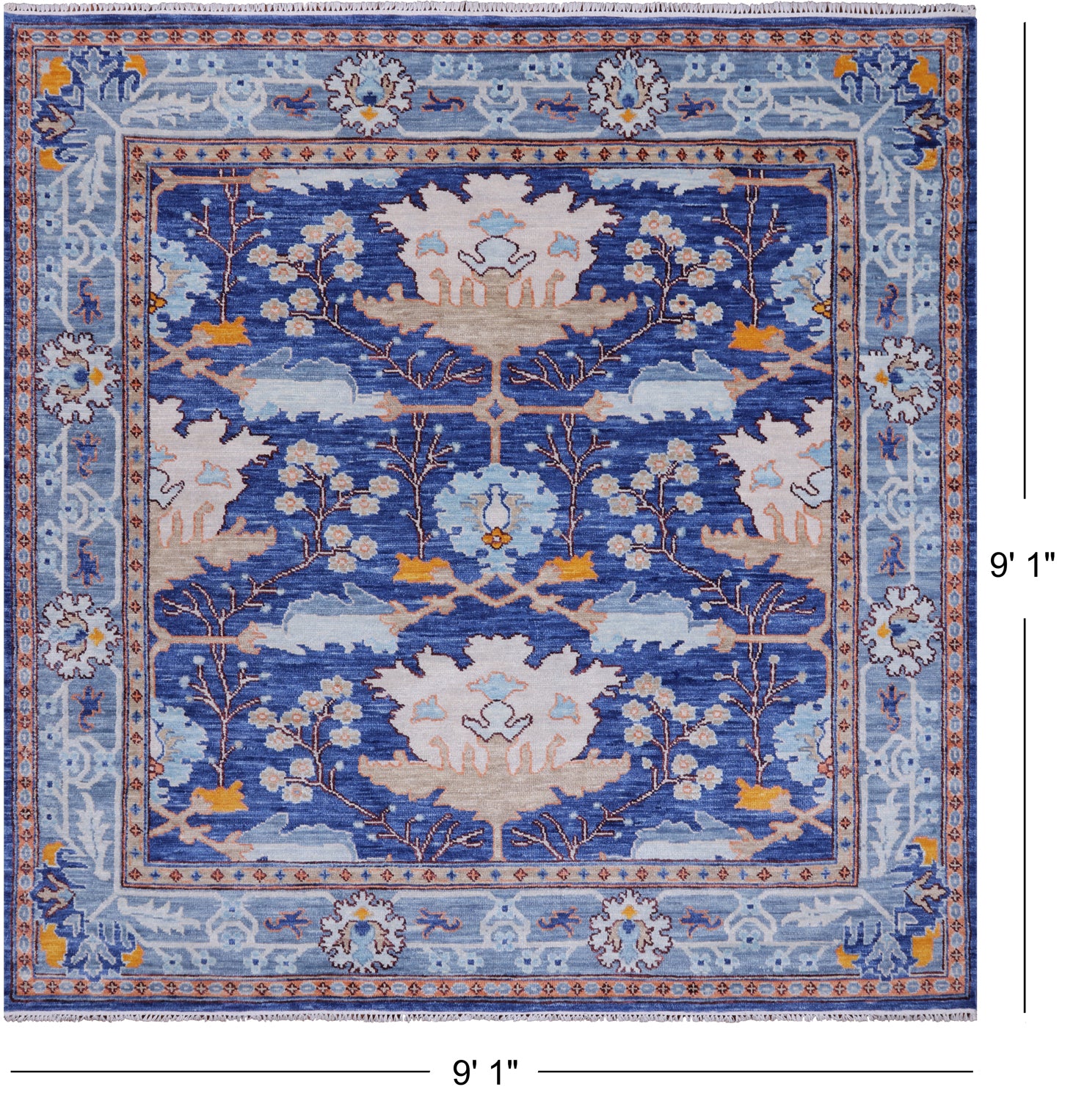 Blue Square Turkish Oushak Handmade Wool Rug - 9' 1" X 9' 1"