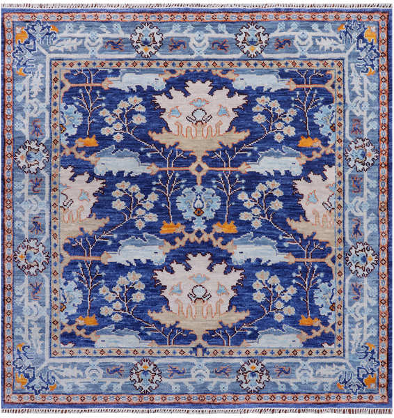 Blue Square Turkish Oushak Handmade Wool Rug - 6' 2" X 6' 2"