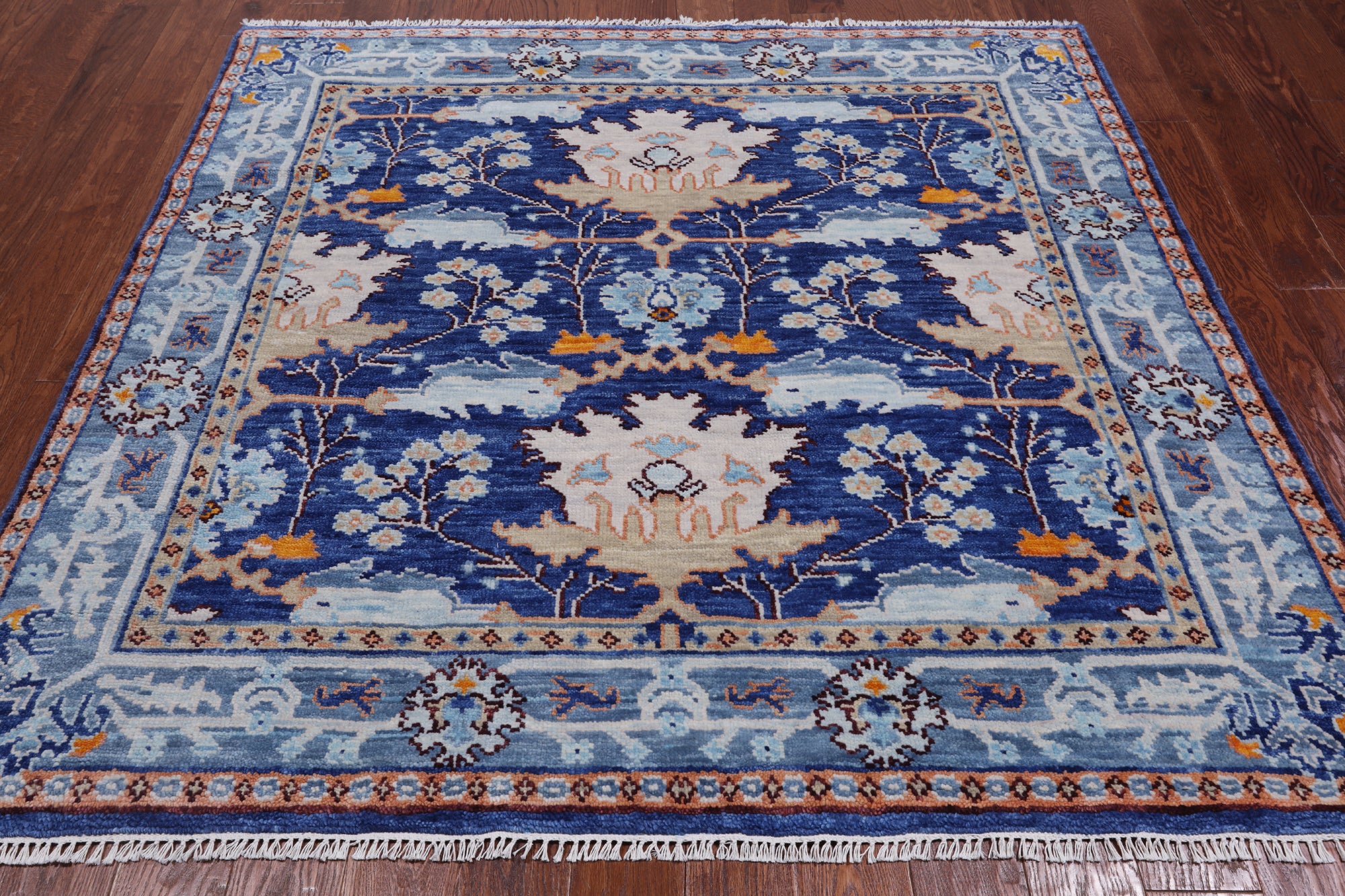 Blue Square Turkish Oushak Handmade Wool Rug - 6' 2" X 6' 2"