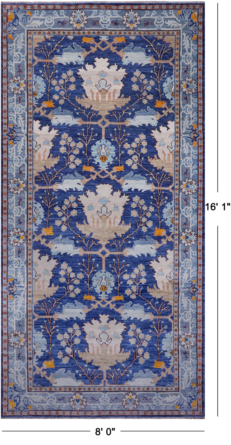 Blue Turkish Oushak Hand Knotted Wool Rug - 8' 0" X 16' 1"