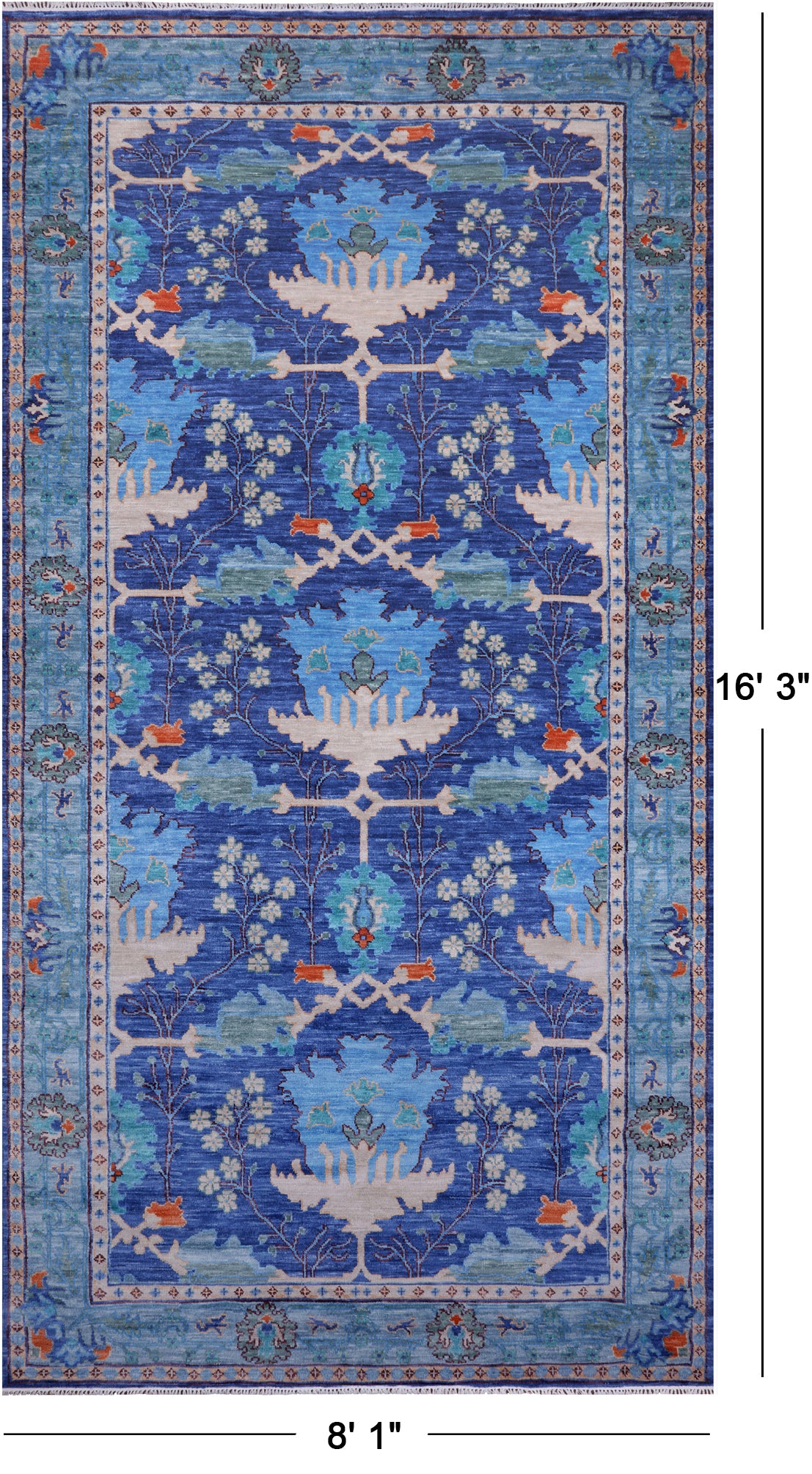 Blue Turkish Oushak Hand Knotted Wool Rug - 8' 1" X 16' 3"
