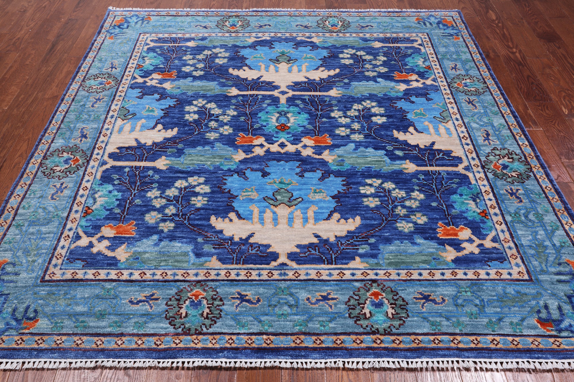 Blue Square Turkish Oushak Hand Knotted Wool Rug - 7' 1" X 7' 1"