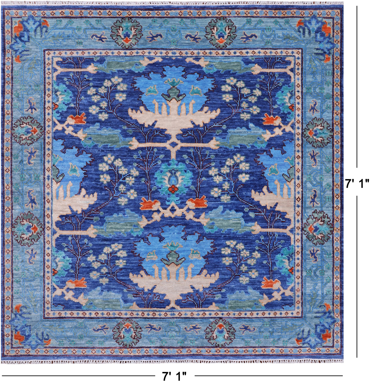 Blue Square Turkish Oushak Hand Knotted Wool Rug - 7' 1" X 7' 1"