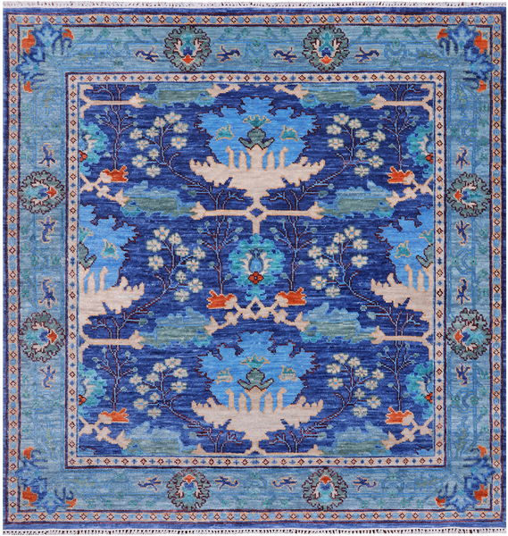 Blue Square Turkish Oushak Hand Knotted Wool Rug - 7' 1" X 7' 1"