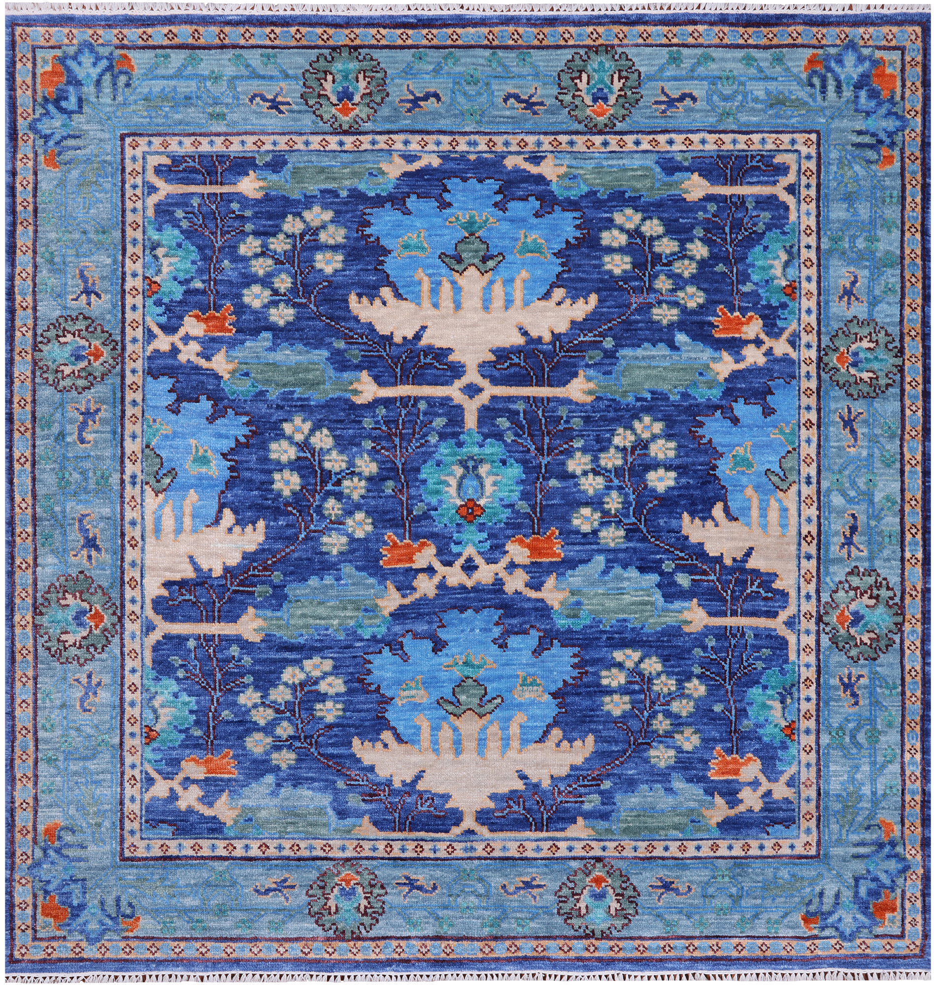 Blue Square Turkish Oushak Hand Knotted Wool Rug - 7' 1" X 7' 1"