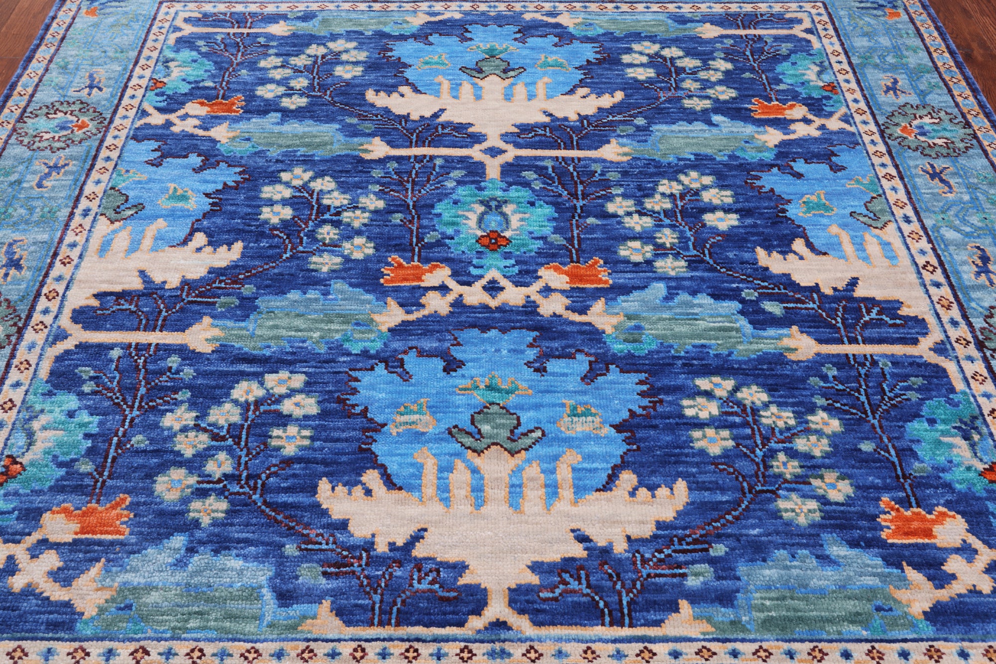 Blue Square Turkish Oushak Hand Knotted Wool Rug - 7' 1" X 7' 1"