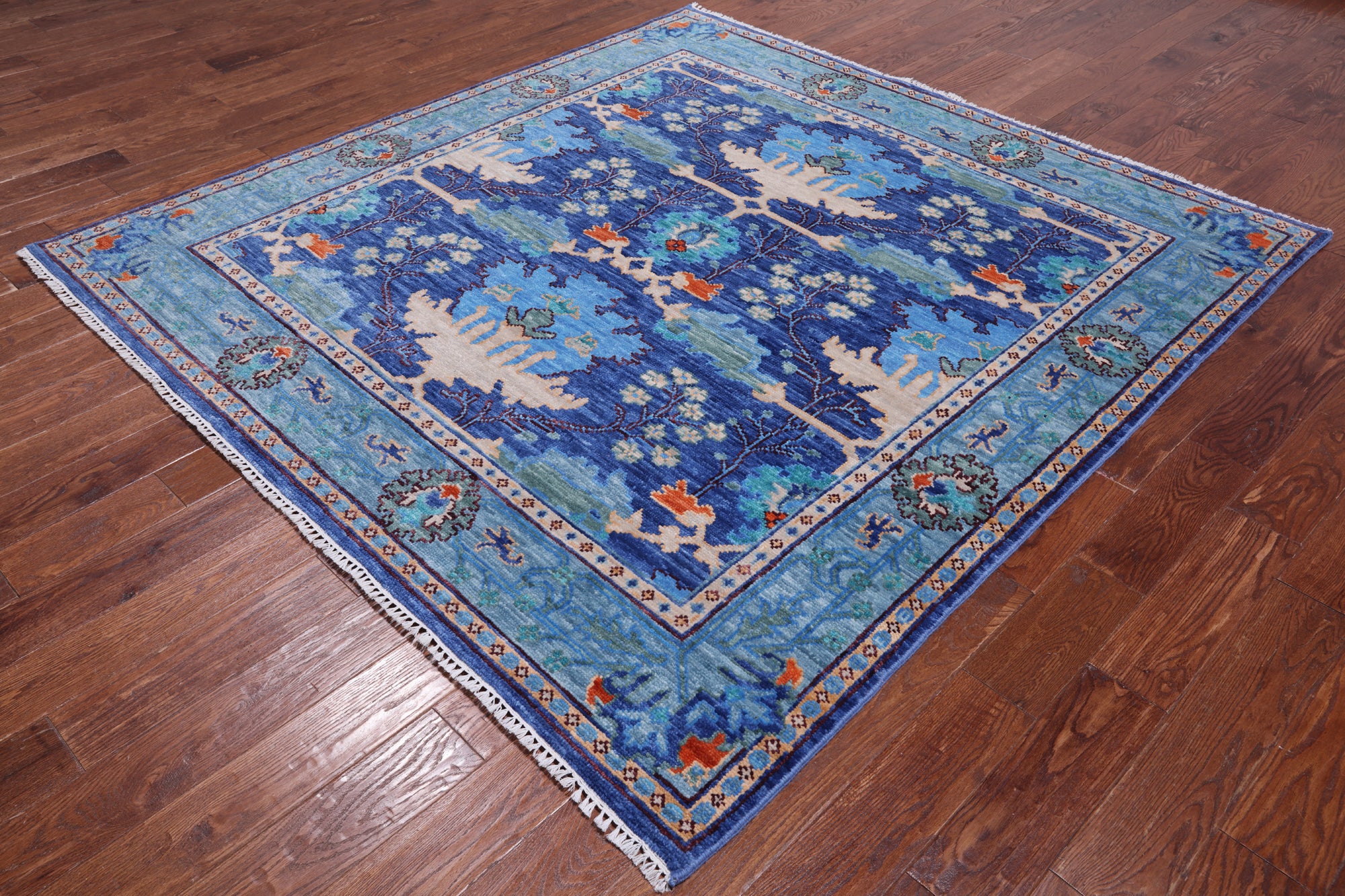 Blue Square Turkish Oushak Hand Knotted Wool Rug - 7' 1" X 7' 1"