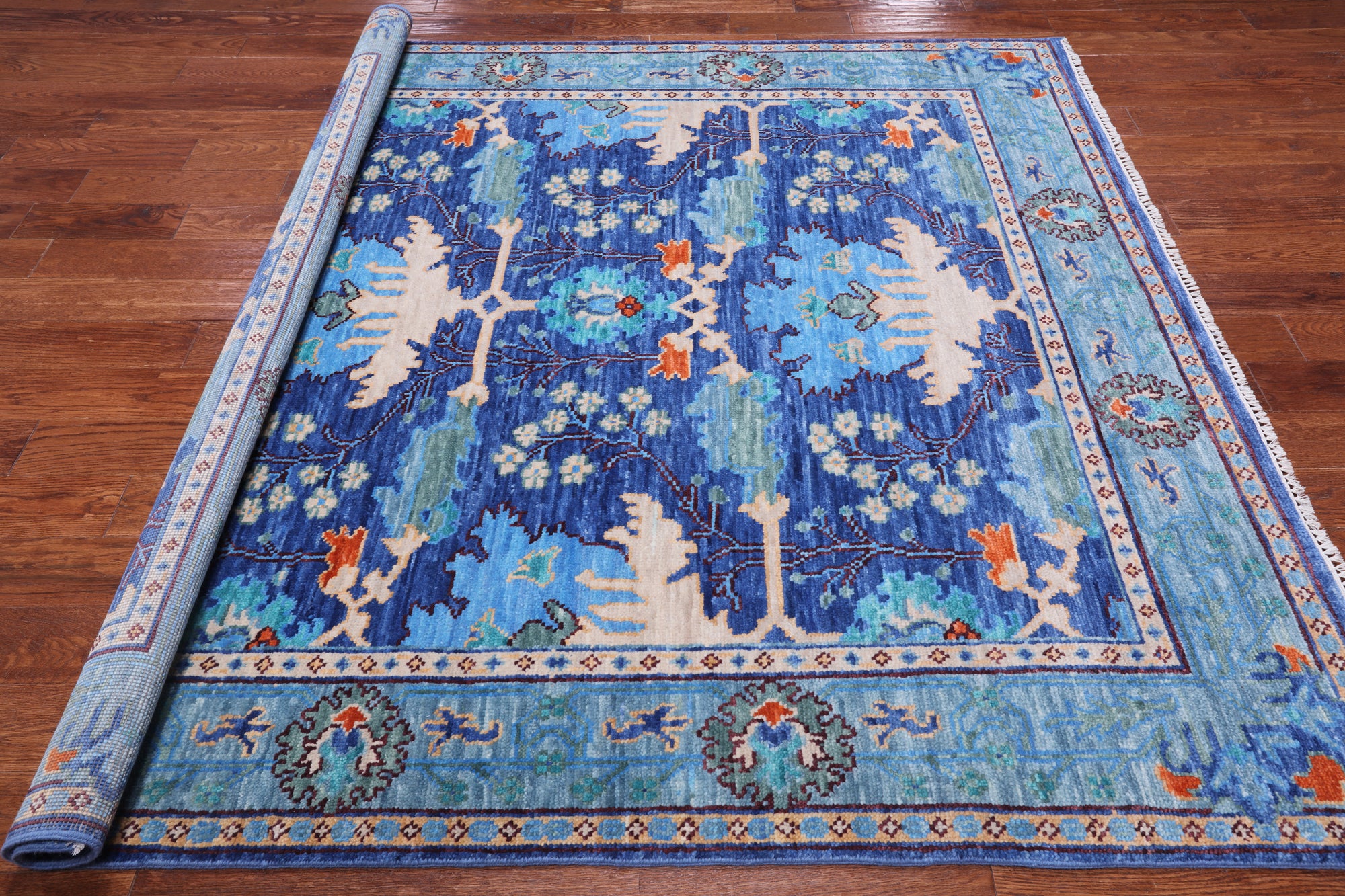 Blue Square Turkish Oushak Hand Knotted Wool Rug - 7' 1" X 7' 1"