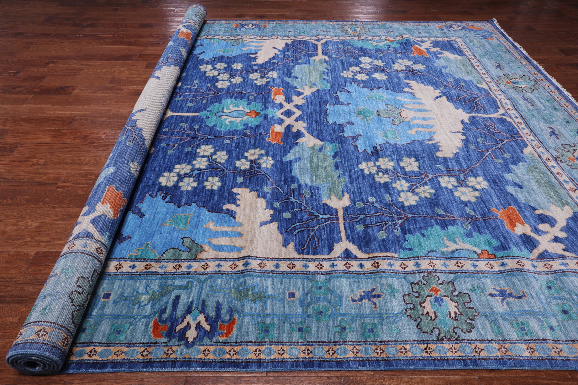 Blue Turkish Oushak Handmade Wool Rug - 10' 3" X 13' 11"