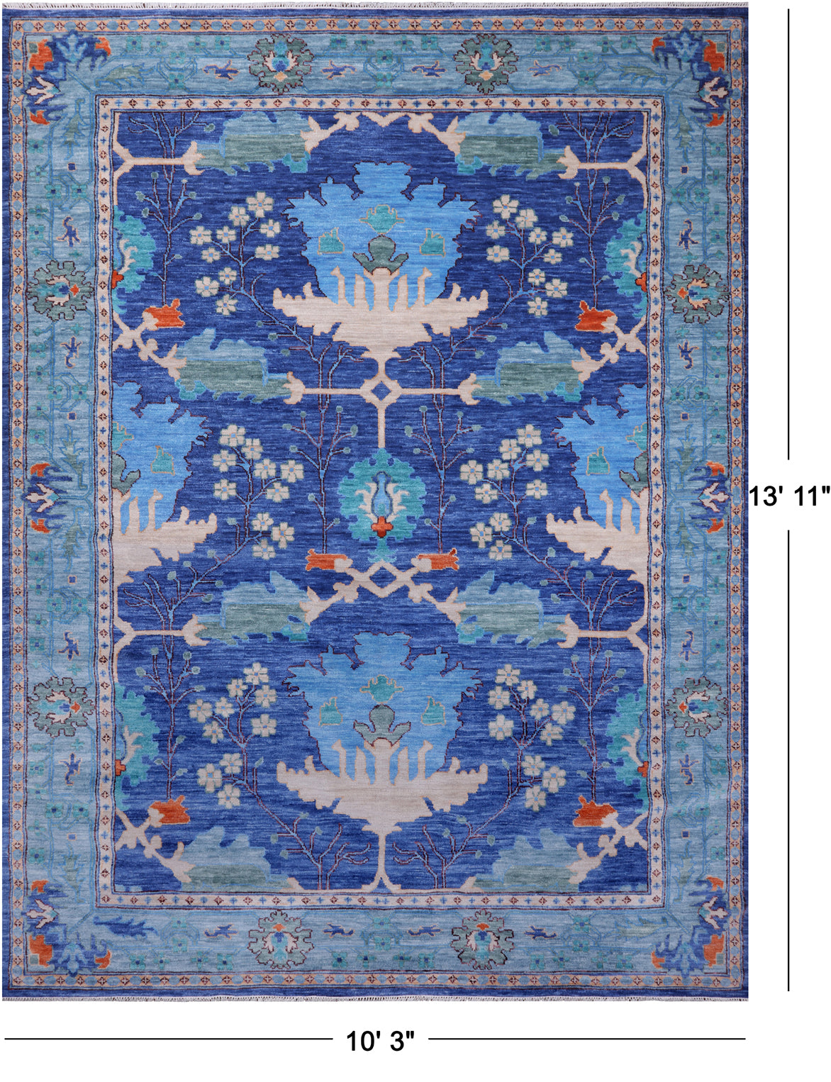 Blue Turkish Oushak Handmade Wool Rug - 10' 3" X 13' 11"