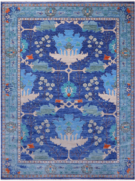 Blue Turkish Oushak Handmade Wool Rug - 10' 3" X 13' 11"
