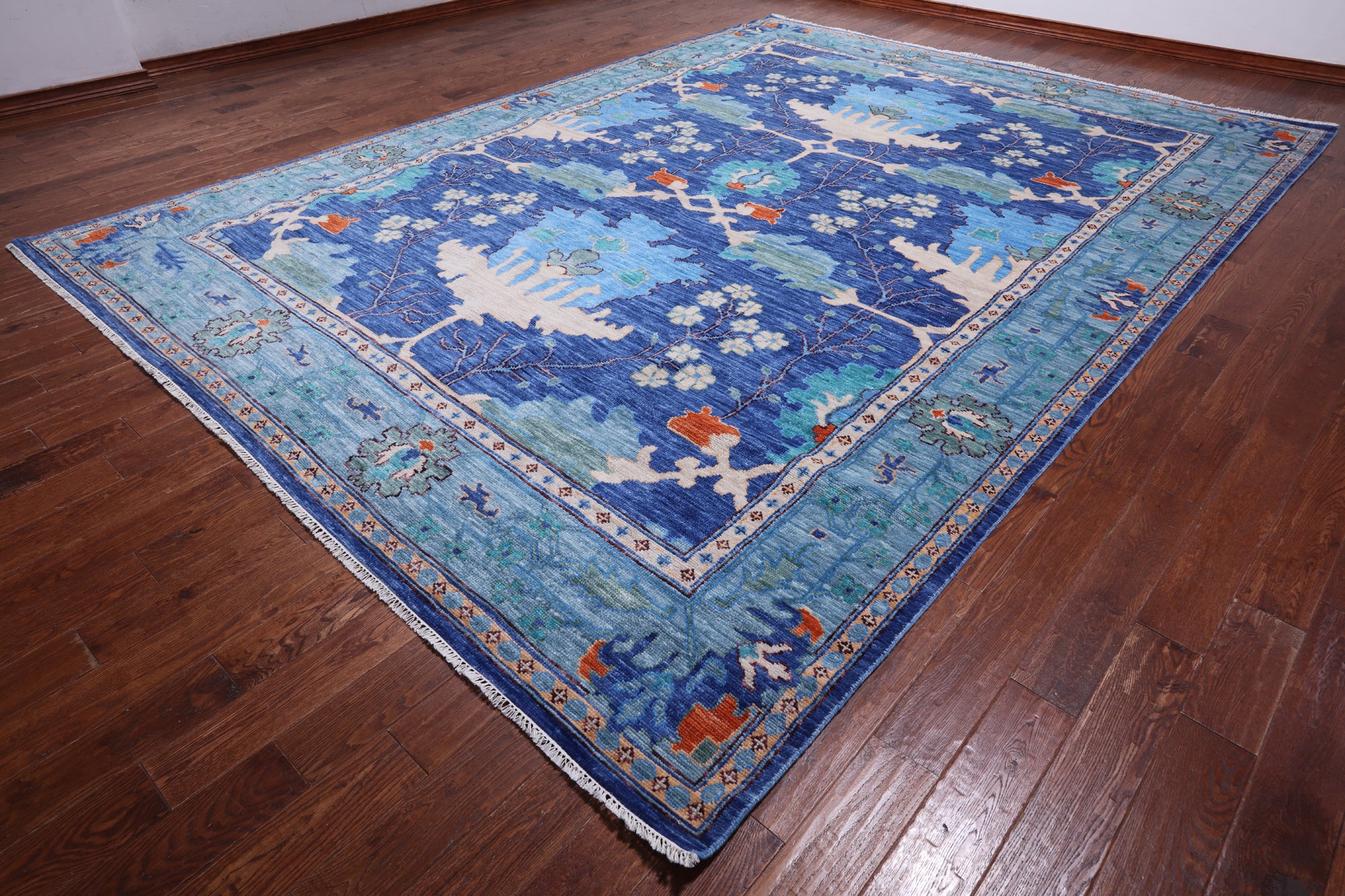 Blue Turkish Oushak Handmade Wool Rug - 10' 3" X 13' 11"