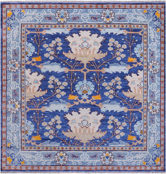 Blue 8' Square Turkish Oushak Hand Knotted Wool Rug - 8' 2" X 8' 2"