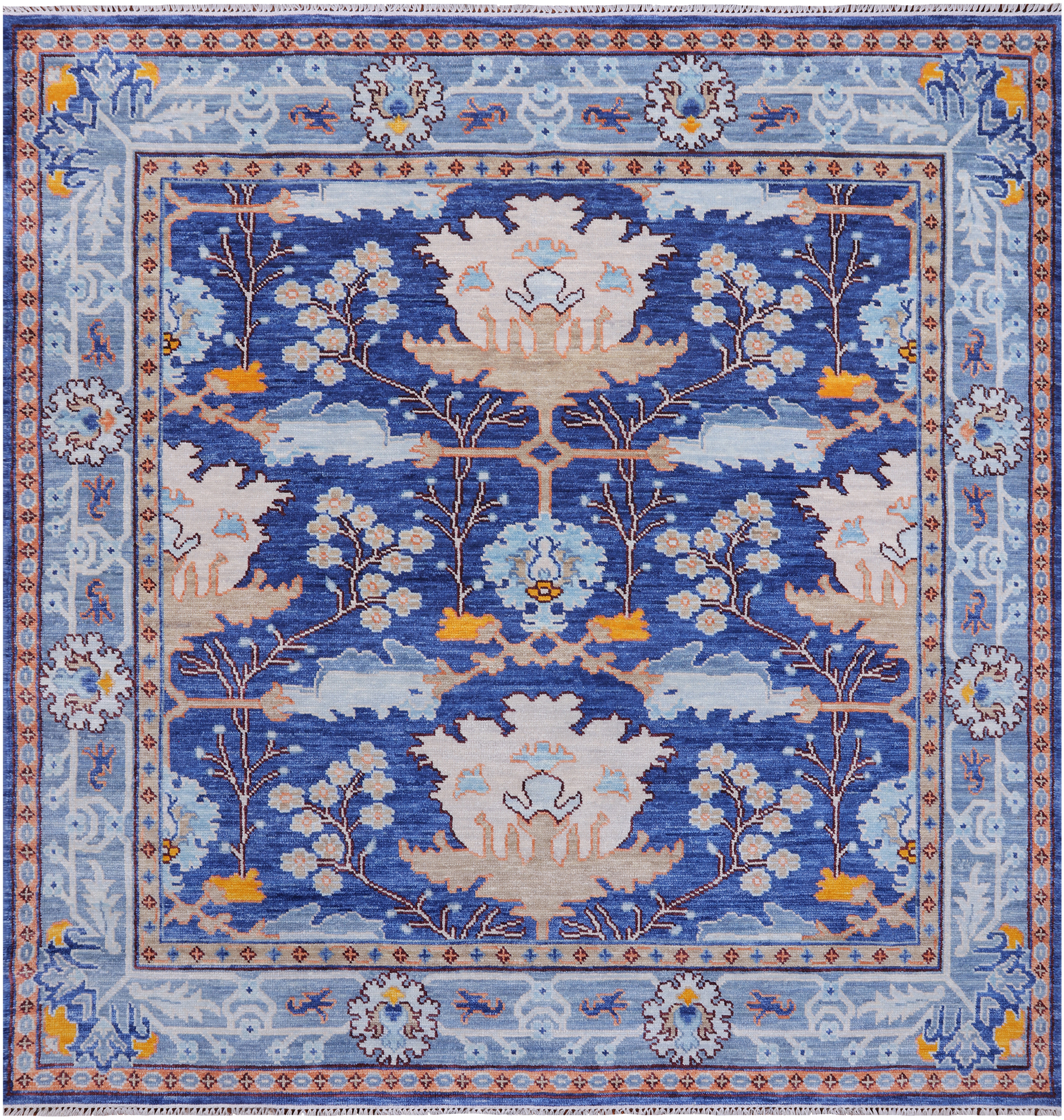 Blue 8' Square Turkish Oushak Hand Knotted Wool Rug - 8' 2" X 8' 2"
