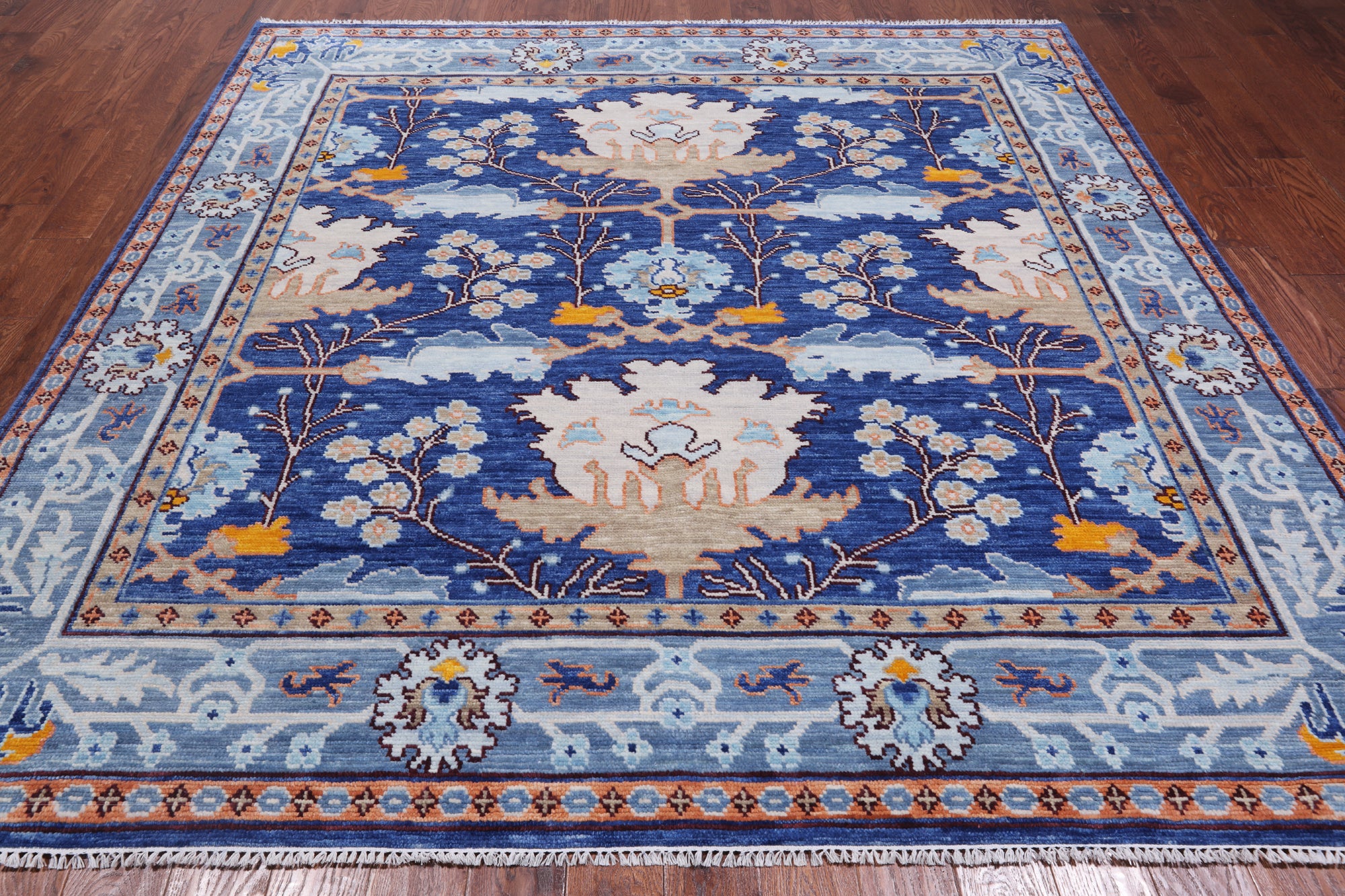 Blue 8' Square Turkish Oushak Hand Knotted Wool Rug - 8' 2" X 8' 2"