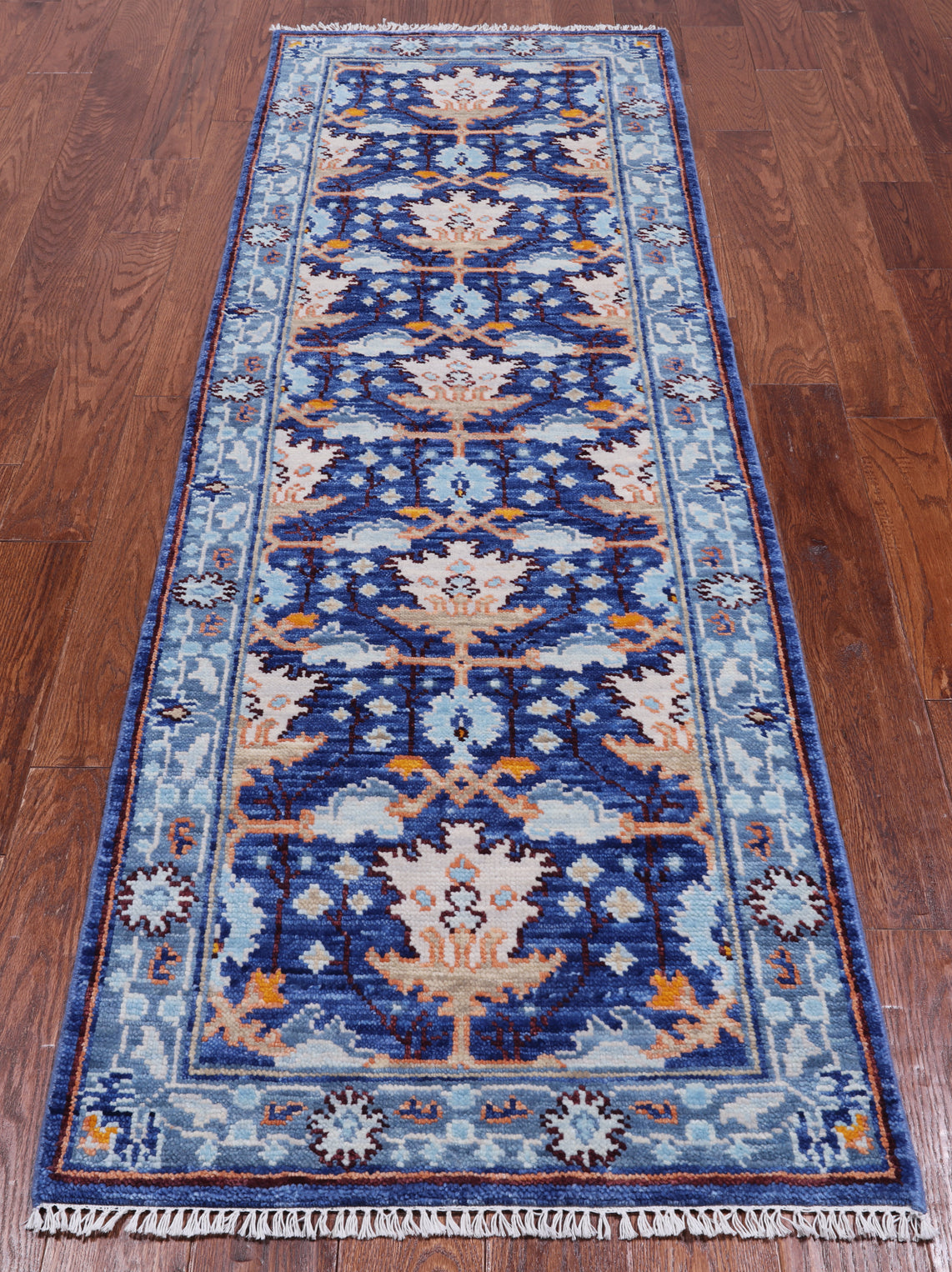 Blue Turkish Oushak Hand Knotted Wool Runner Rug - 2' 7" X 7' 11"