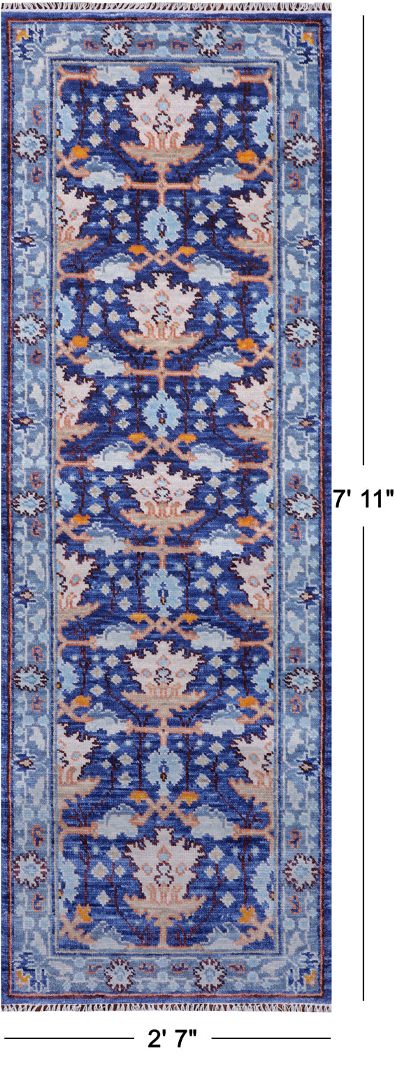 Blue Turkish Oushak Hand Knotted Wool Runner Rug - 2' 7" X 7' 11"
