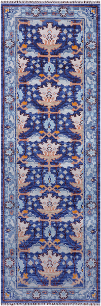 Blue Turkish Oushak Hand Knotted Wool Runner Rug - 2' 7" X 7' 11"