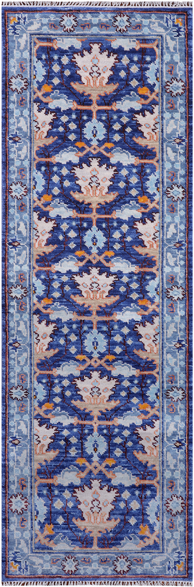 Blue Turkish Oushak Hand Knotted Wool Runner Rug - 2' 7" X 7' 11"