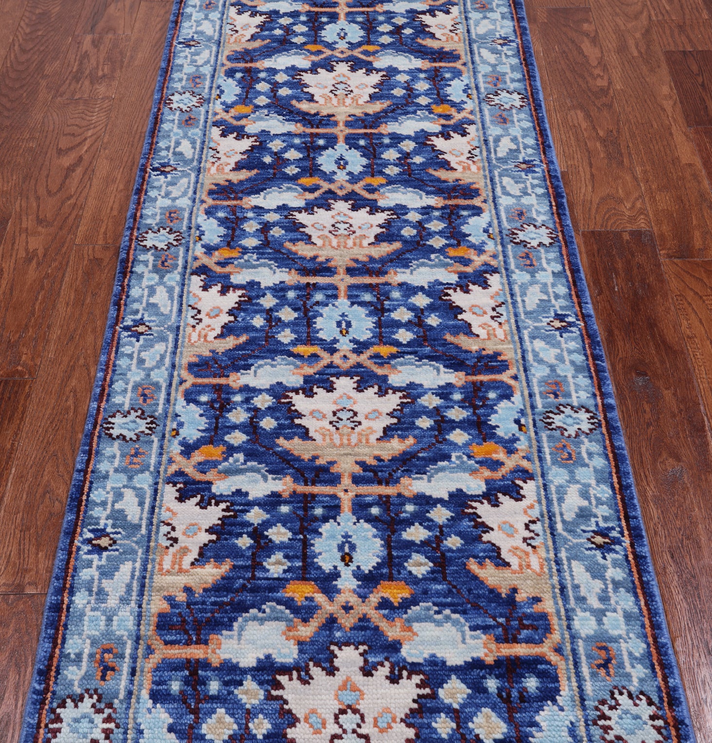 Blue Turkish Oushak Hand Knotted Wool Runner Rug - 2' 7" X 7' 11"