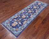 Blue Turkish Oushak Hand Knotted Wool Runner Rug - 2' 7" X 7' 11"