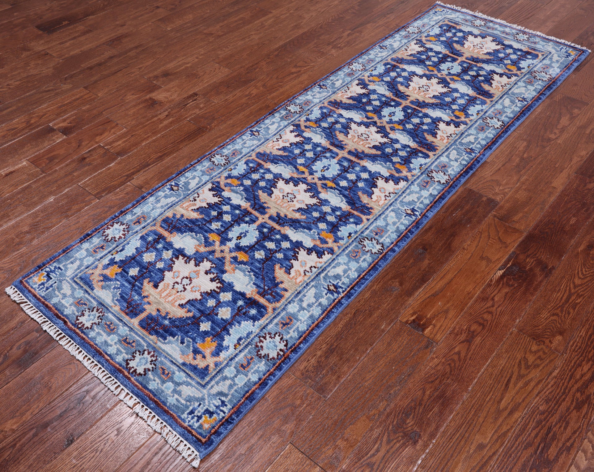 Blue Turkish Oushak Hand Knotted Wool Runner Rug - 2' 7" X 7' 11"