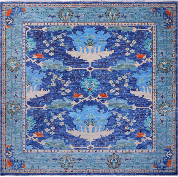 Blue Square Turkish Oushak Hand Knotted Wool Rug - 12' 1" X 12' 1"