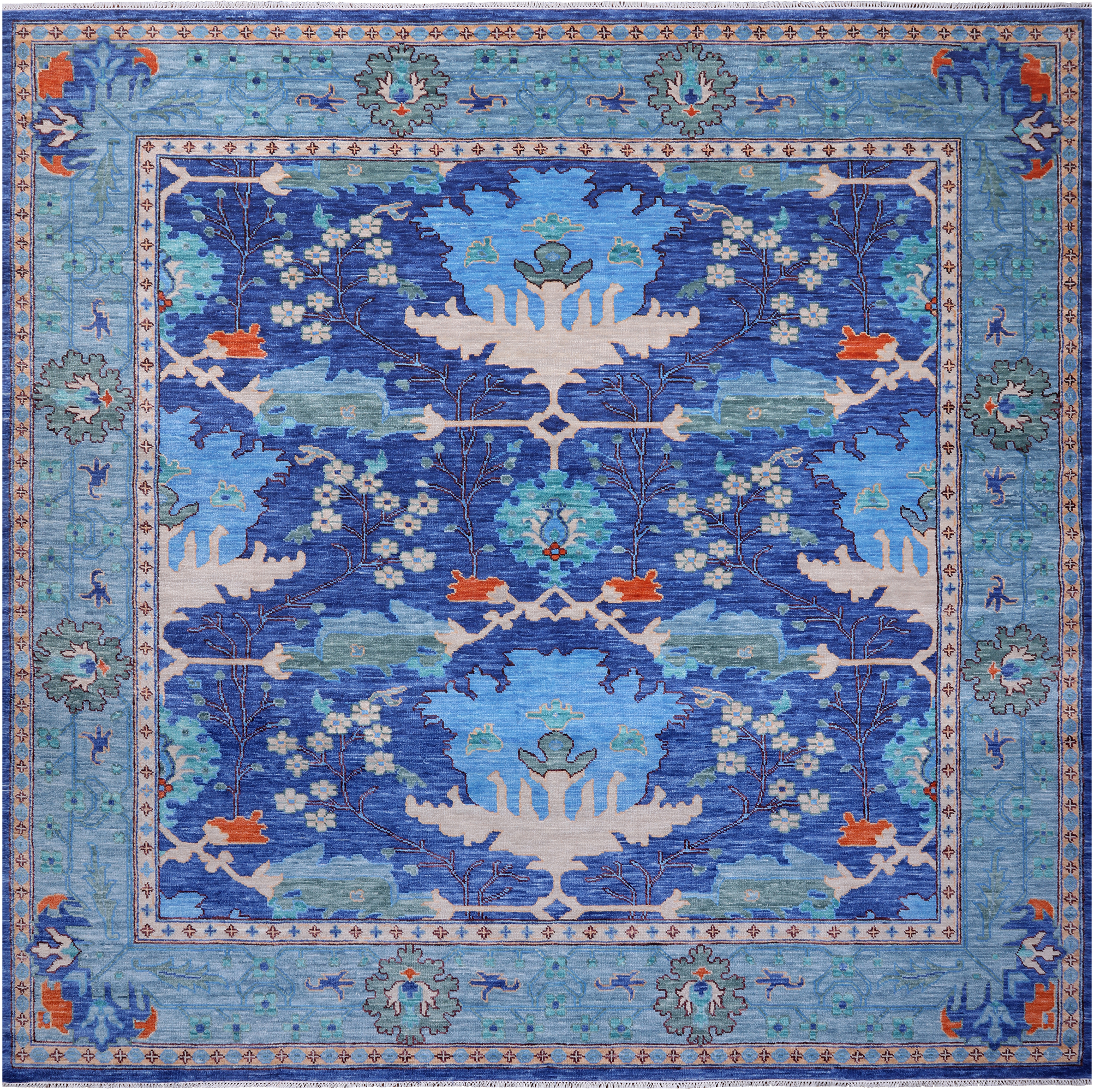 Blue Square Turkish Oushak Hand Knotted Wool Rug - 12' 1" X 12' 1"