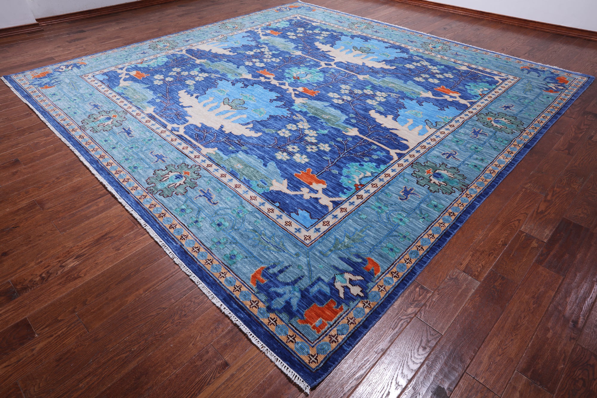 Blue Square Turkish Oushak Hand Knotted Wool Rug - 12' 1" X 12' 1"