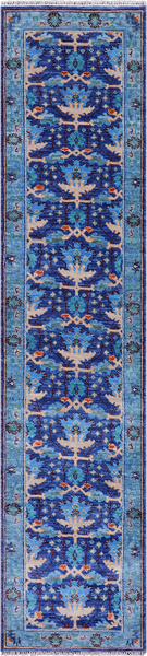 Blue Turkish Oushak Hand Knotted Wool Runner Rug - 2' 7" X 11' 9"