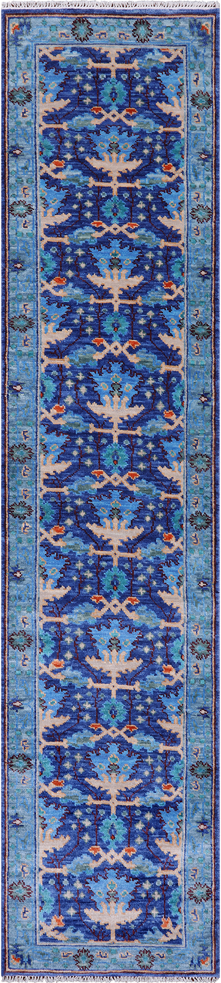 Blue Turkish Oushak Hand Knotted Wool Runner Rug - 2' 7" X 11' 9"