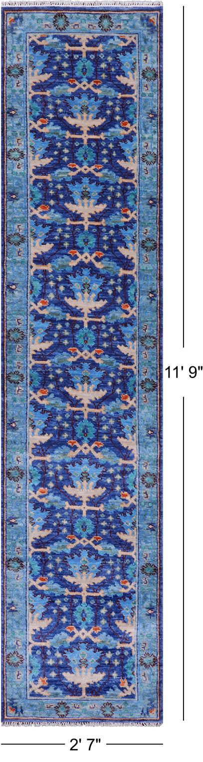 Blue Turkish Oushak Hand Knotted Wool Runner Rug - 2' 7" X 11' 9"