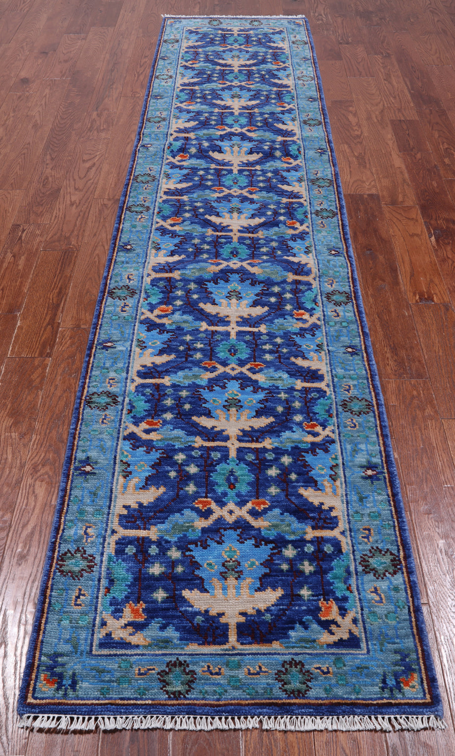 Blue Turkish Oushak Hand Knotted Wool Runner Rug - 2' 7" X 11' 9"