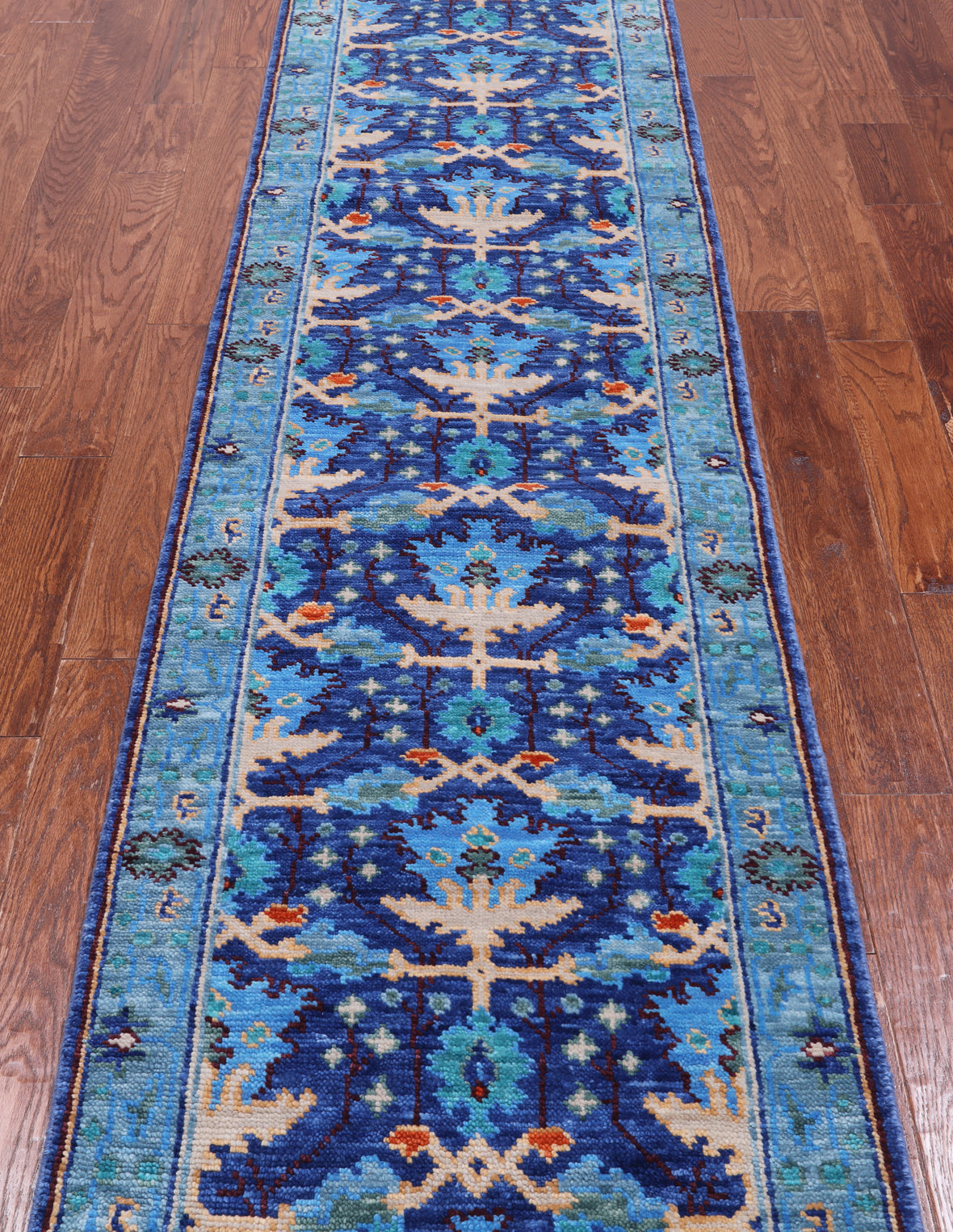 Blue Turkish Oushak Hand Knotted Wool Runner Rug - 2' 7" X 11' 9"