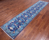 Blue Turkish Oushak Hand Knotted Wool Runner Rug - 2' 7" X 11' 9"