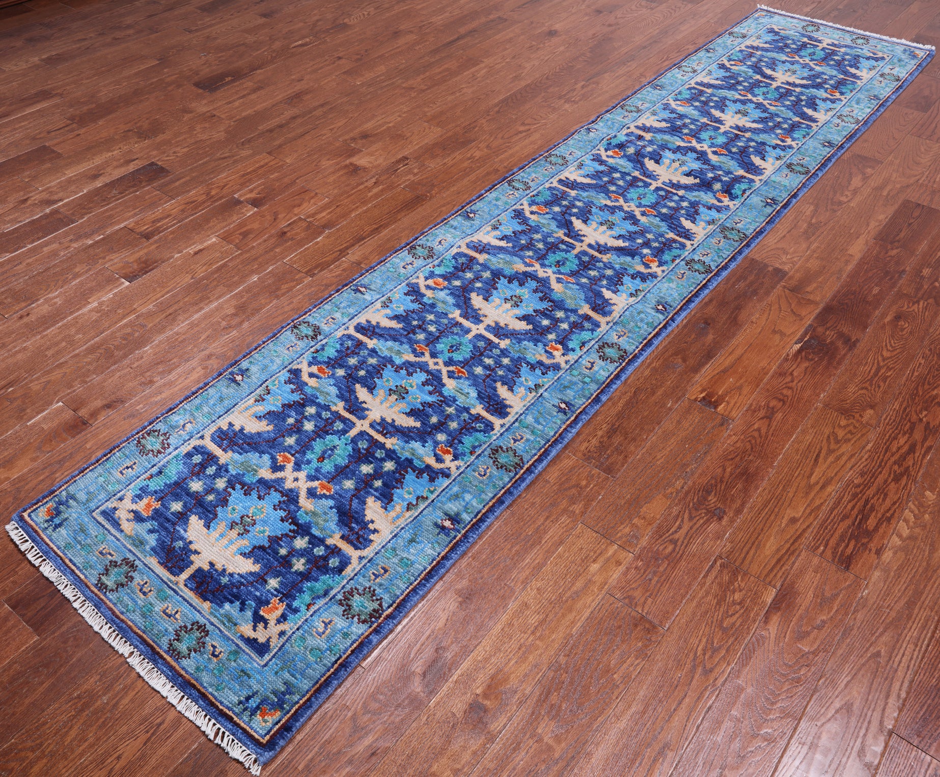 Blue Turkish Oushak Hand Knotted Wool Runner Rug - 2' 7" X 11' 9"