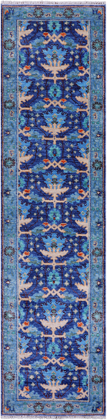 Blue Turkish Oushak Handmade Wool Runner Rug - 2' 7" X 10' 0"