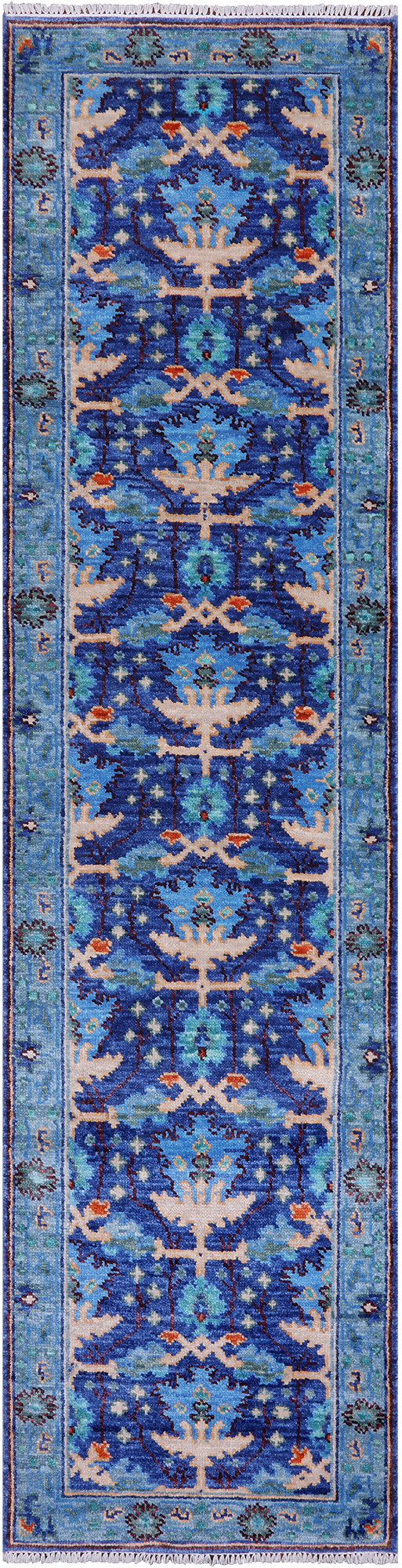 Blue Turkish Oushak Handmade Wool Runner Rug - 2' 7" X 10' 0"