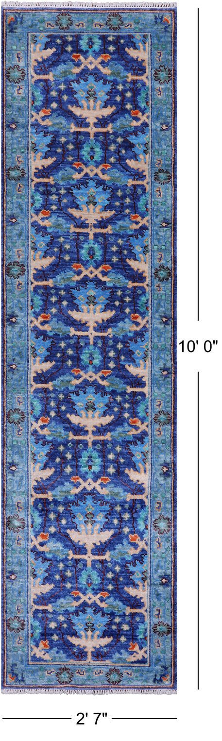 Blue Turkish Oushak Handmade Wool Runner Rug - 2' 7" X 10' 0"