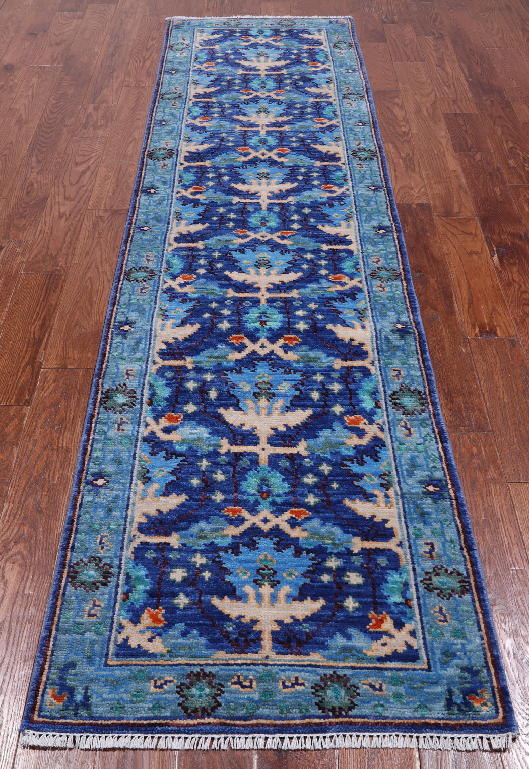 Blue Turkish Oushak Handmade Wool Runner Rug - 2' 7" X 10' 0"