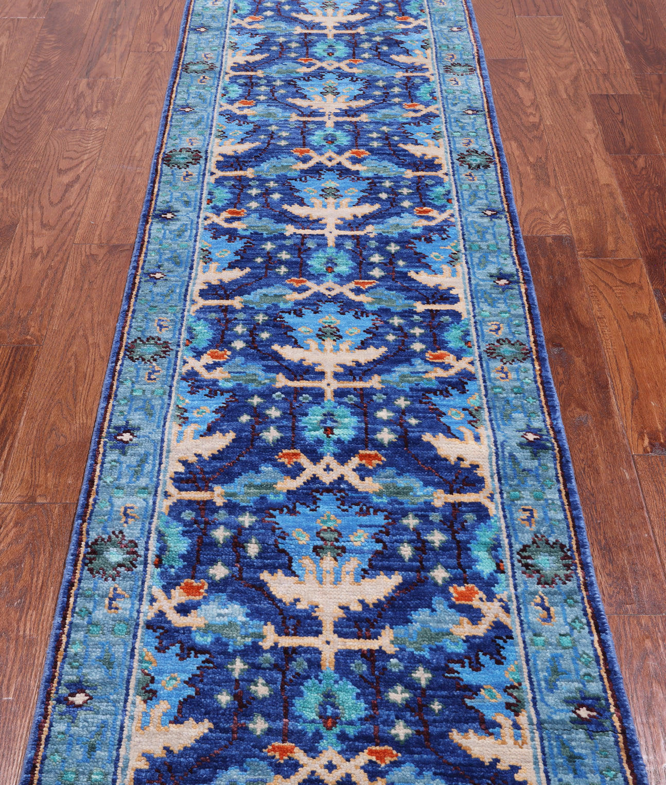 Blue Turkish Oushak Handmade Wool Runner Rug - 2' 7" X 10' 0"