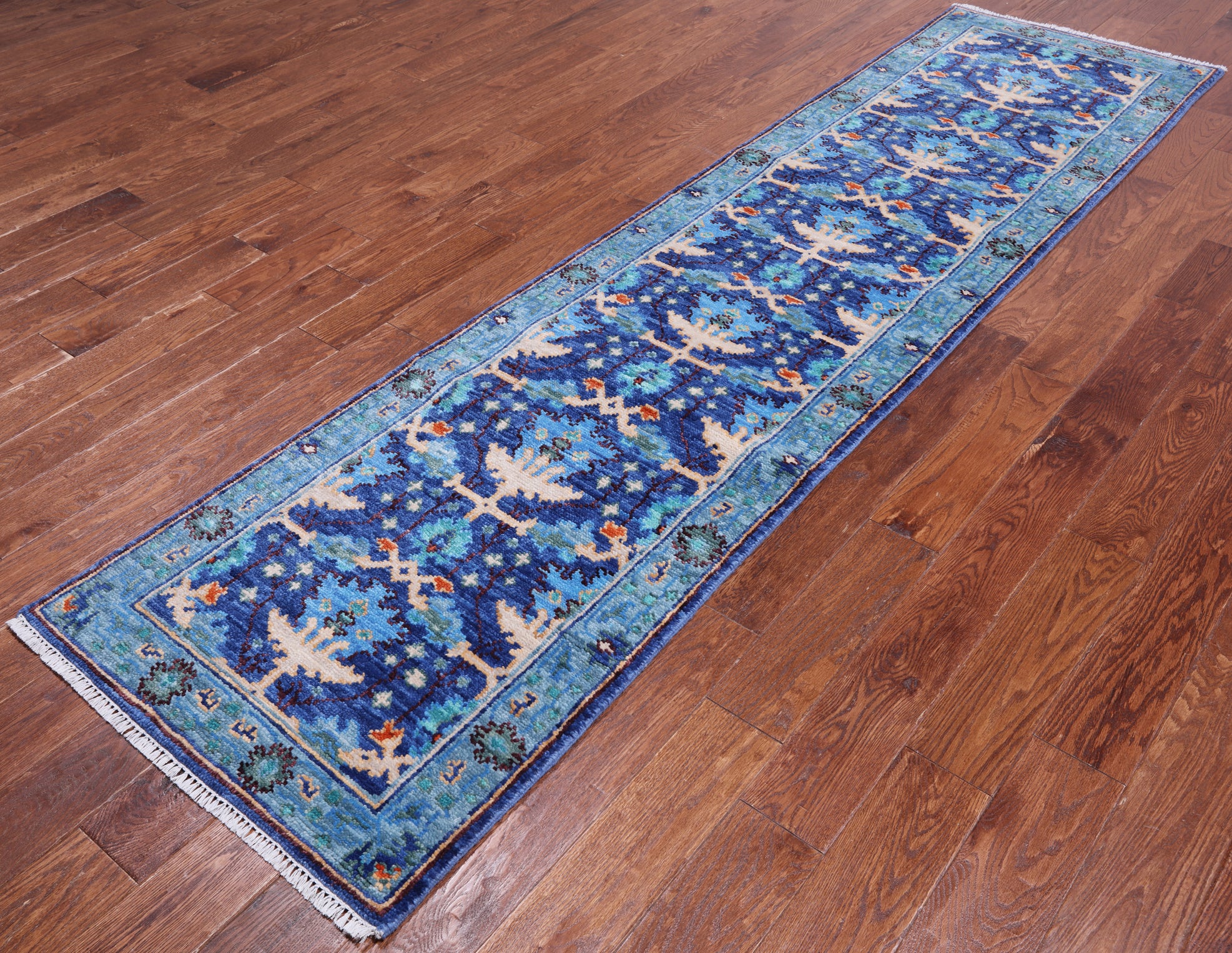 Blue Turkish Oushak Handmade Wool Runner Rug - 2' 7" X 10' 0"