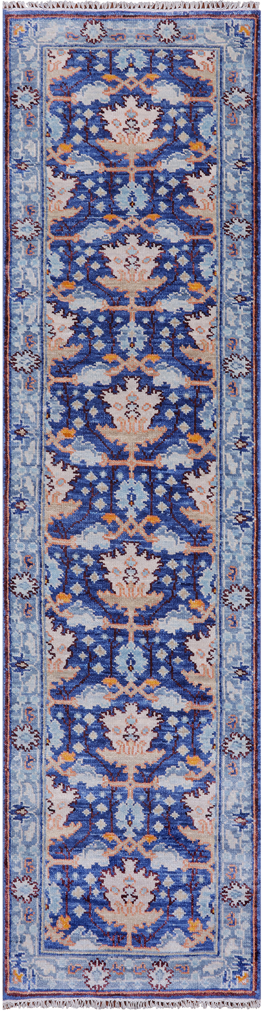 Blue Turkish Oushak Handmade Wool Runner Rug - 2' 7" X 10' 2"