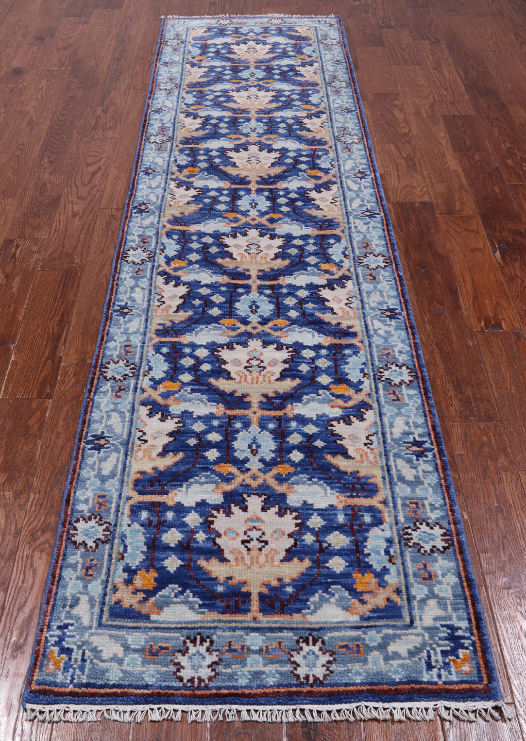 Blue Turkish Oushak Handmade Wool Runner Rug - 2' 7" X 10' 2"